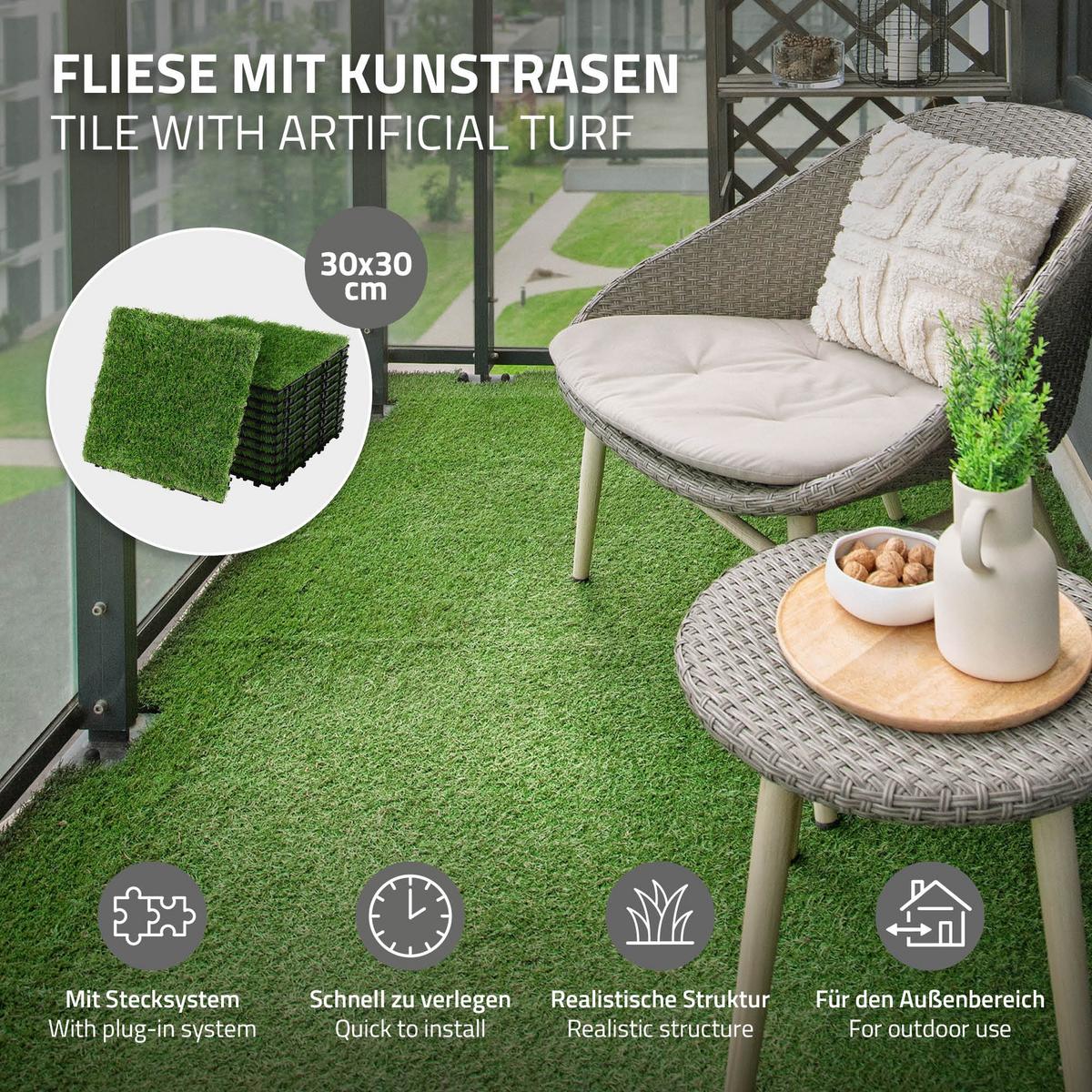 KUNSTRASEN FLIESEN 30x30 cm/11 Stück=1m² mit Klicksystem und Drainage - Grün, Kunststoff (30/30/3.5cm) - ML-DESIGN