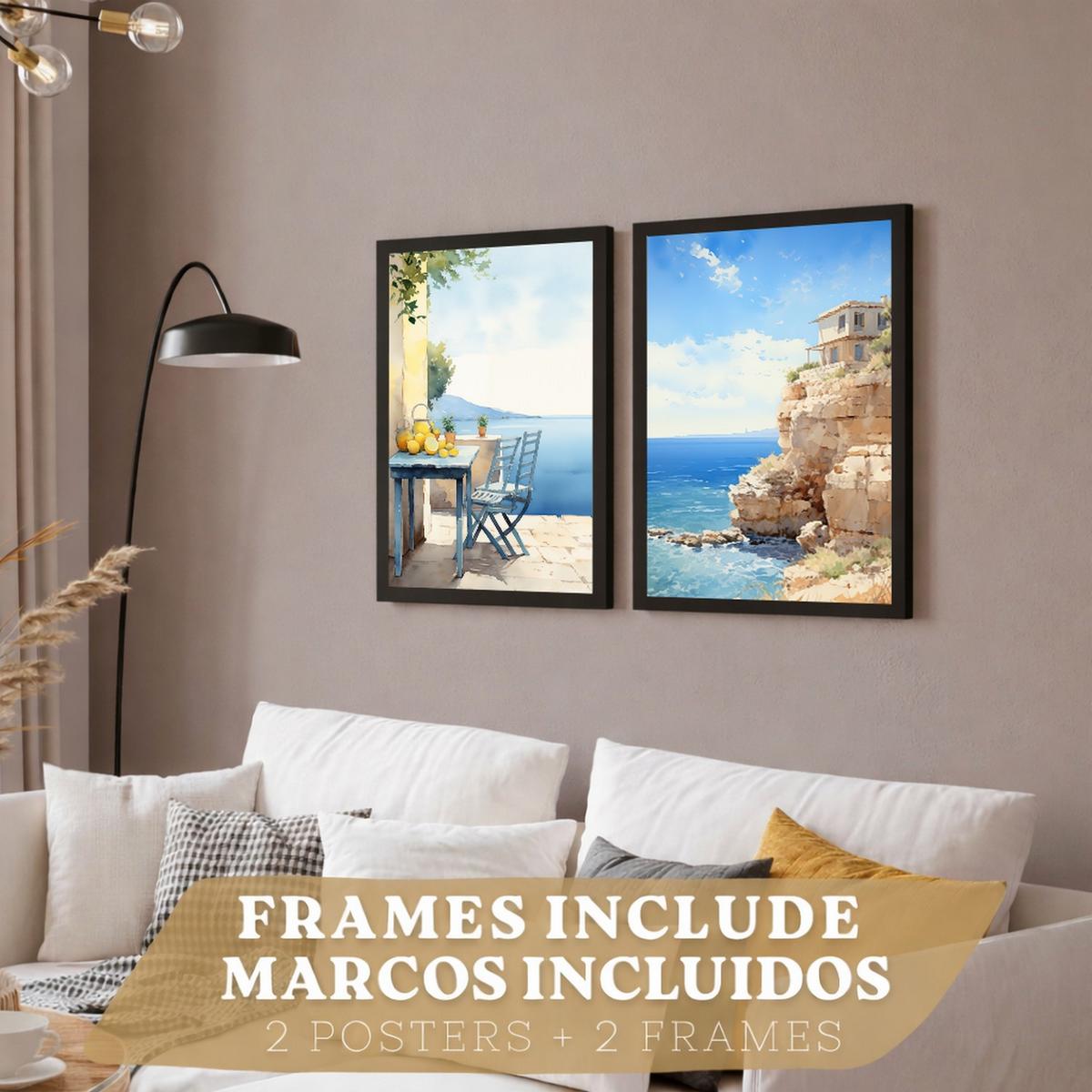 POSTER 3er Bilder-Set Wandbilder Strand Meer modern ohne Rahmen – Wohnzimmer Deko, Schlafzimmer, Küche, Badezimmer Schwarzer Rahmen A4 - Schwarz, Papier (29.7/1/21cm) - Nacnic