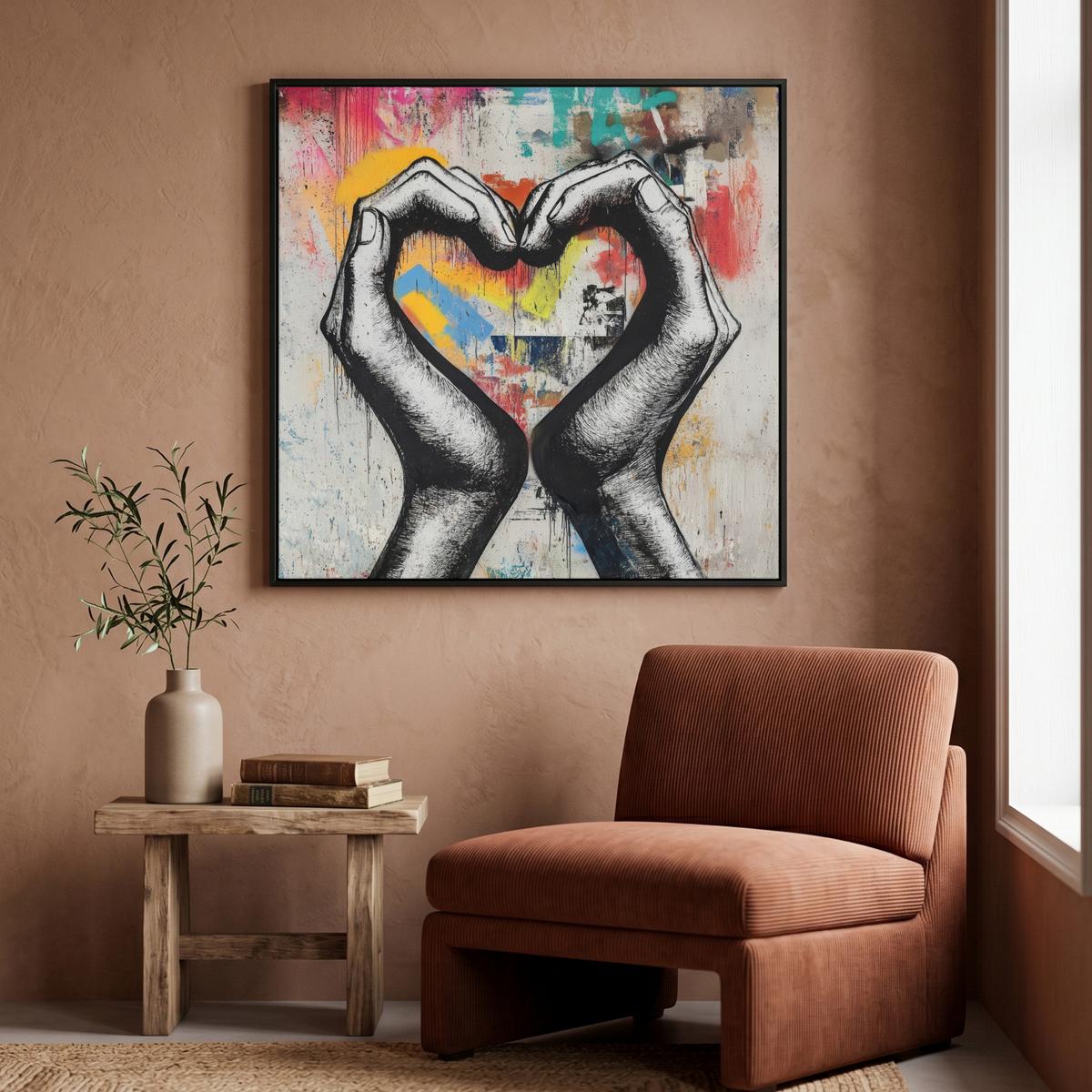 LEINWAND Bilder mit Rahmen - Hände - Herz - Straßenkunst - Graffiti - 90x90 - Multicolor, Textil (90/90cm) - MuchoWow