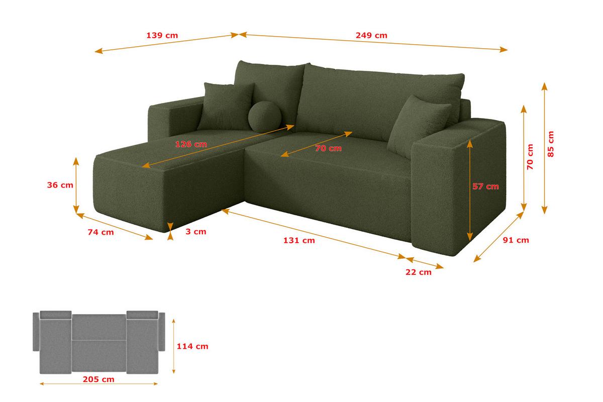 ECKSOFA mit Schlaffunktion Ottomane Links SENO-L 249x139x85 Grün Bouclé - Schwarz/Olivgrün, Holzwerkstoff/Kunststoff (249/139cm) - ALTDECOR