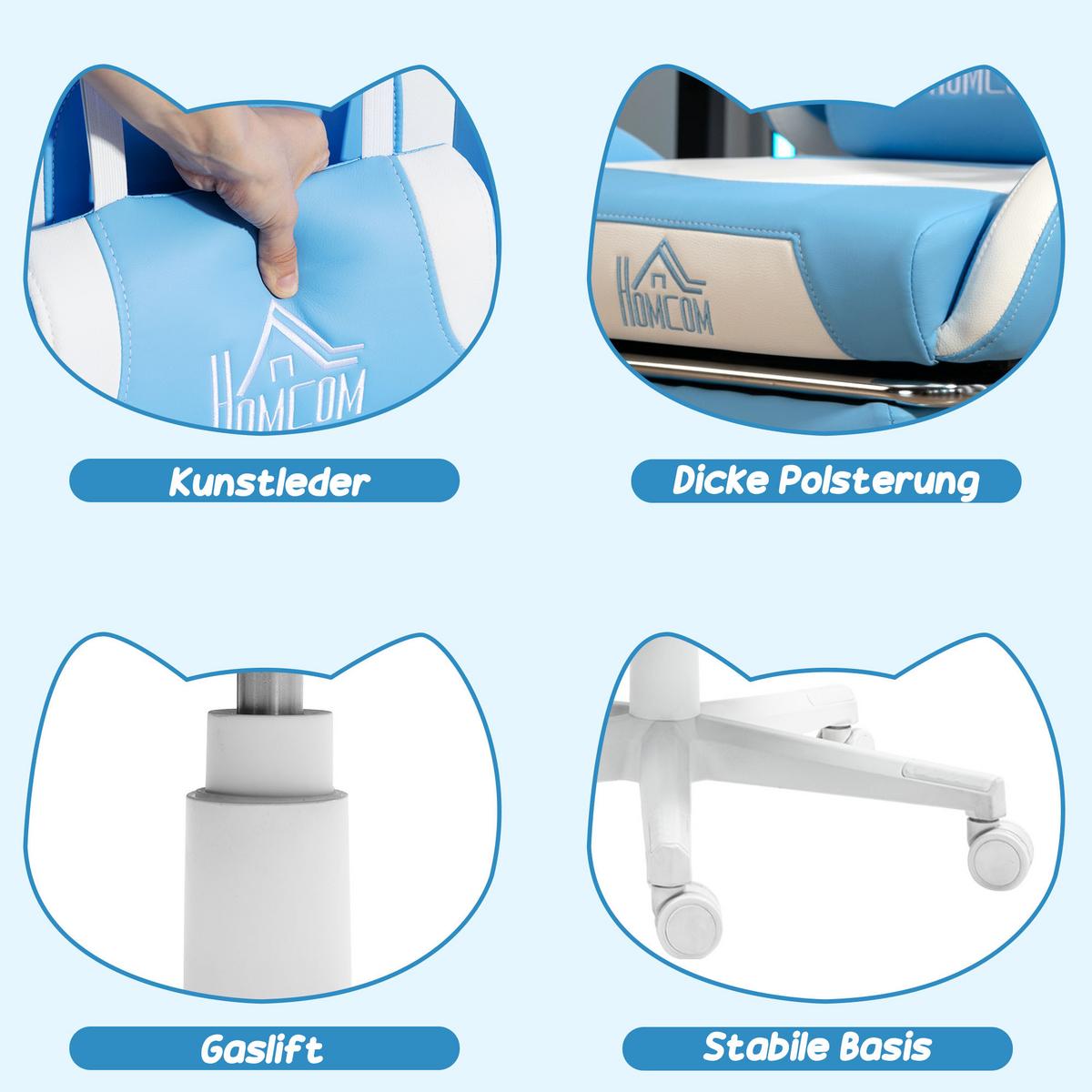 GAMING-STUHL Kunstleder Hellblau - Blau/Weiß, Kunststoff (62/124/65cm) - HOMCOM