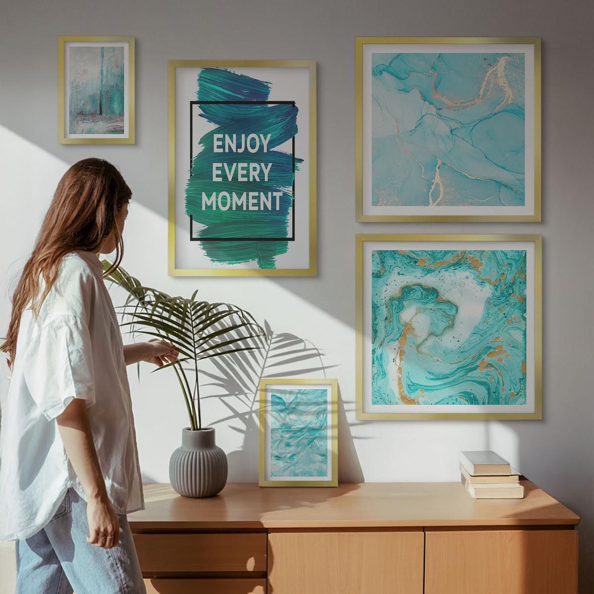 BILDER SET 5er Set - 50x50 cm & 20x30 cm & 40x60 cm Goldrahmen - Farbenfrohe Abstraktionen, Gesichter, Formen - Goldfarben, Kunststoff (40/60cm) - TULUP