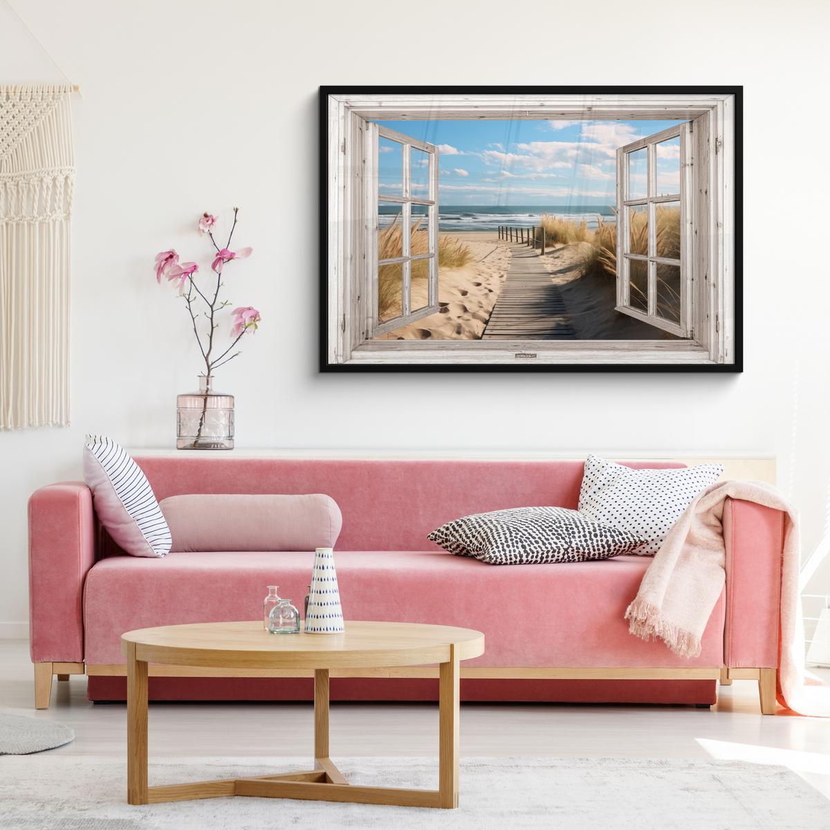 POSTER MIT RAHMENGERAHMTES BILD Fenster - Meer - Küste - Natur - Ausblick - Strand - Wattenmeer 120x80 cm - Beige, Papier (120/80cm) - MuchoWow