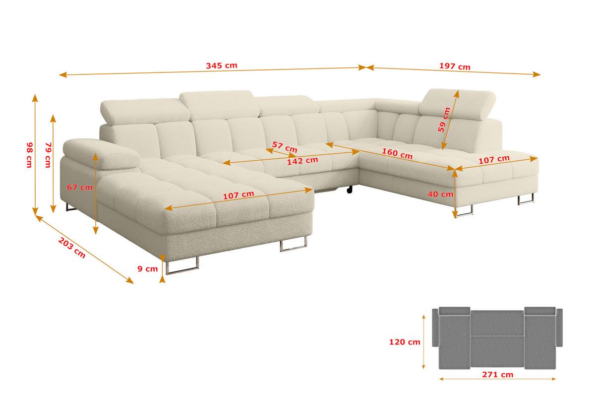 WOHNLANDSCHAFT mit Schlaffunktion und Bettkasten Ottomane RECHTS COMA U 345x203x79 Beige Bouclé - Sandfarben, Holzwerkstoff/Textil (203/79/345cm) - ALTDECOR