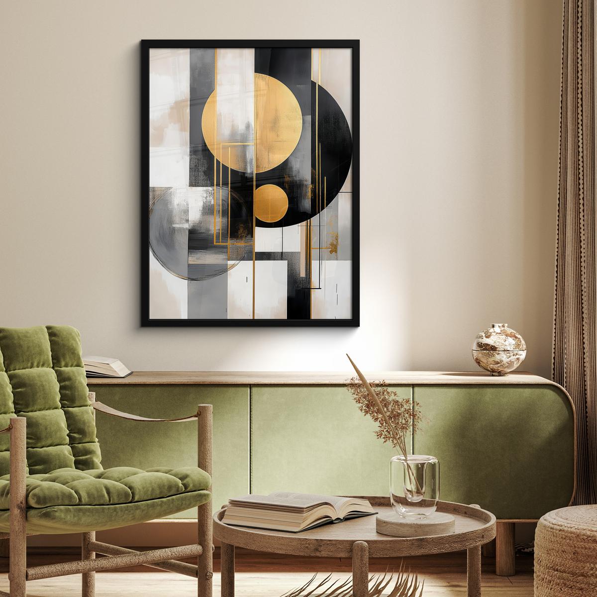 POSTER MIT RAHMENGERAHMTES BILD Abstrakt - Gold - Silber - Formen - Ästhetisch - Modern Posterleiste 60x80 cm - Goldfarben, Papier (60/80cm) - MuchoWow