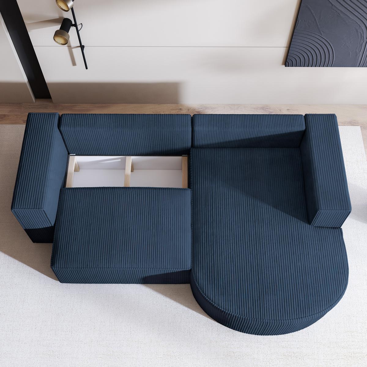 ECKSOFA SORELA P R-S Blau Kordstoff mit Schlaffunktion - Blau, Holz (263/174cm) - MASSENO
