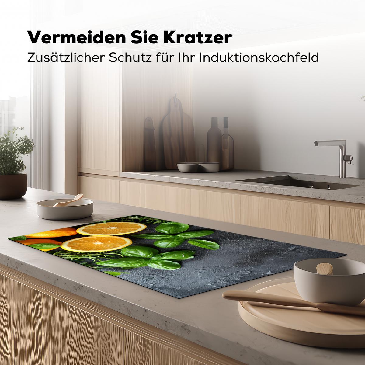 HERDABDECKPLATTE Obst - Grau - Konkret - Orange - Pflanzen Ceranfeldabdeckung 90x52 cm - Anthrazit, Kunststoff (90/52/0.2cm) - MuchoWow