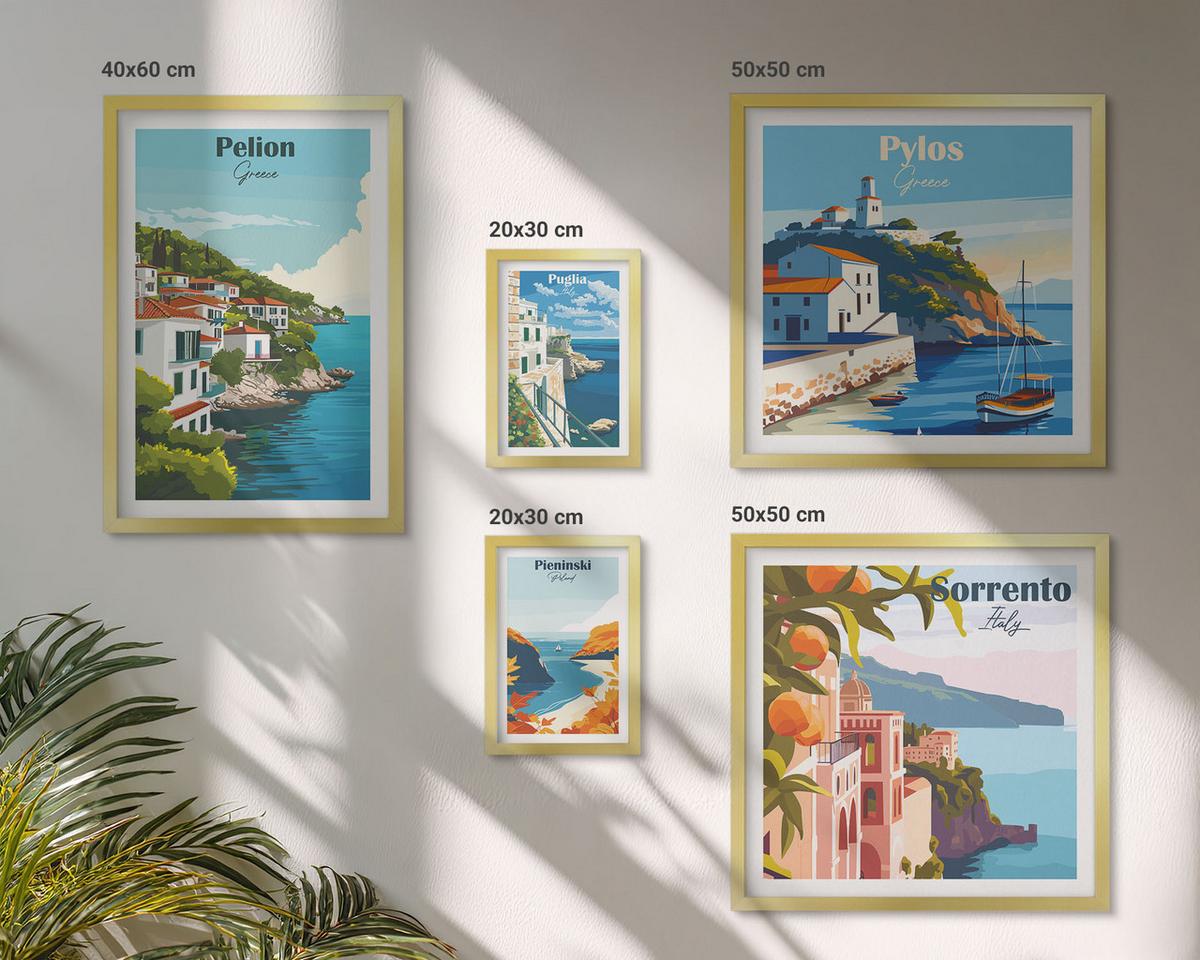 BILDER SET 5er Set - 50x50 cm & 20x30 cm & 40x60 cm Goldrahmen - Farbenfrohe Illustrationen von Retro-Städten - Goldfarben, Kunststoff (40/60cm) - TULUP