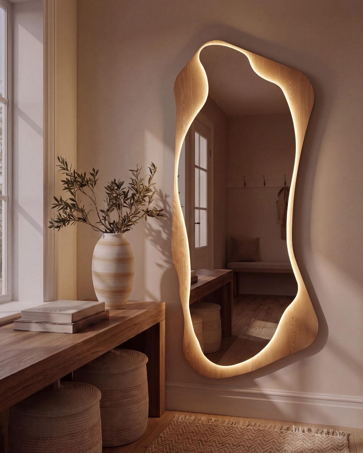 WANDSPIEGEL 58/171 cm Hellbraun LED Lamblore - Braun, Glas (58/171/3cm) - Beliani