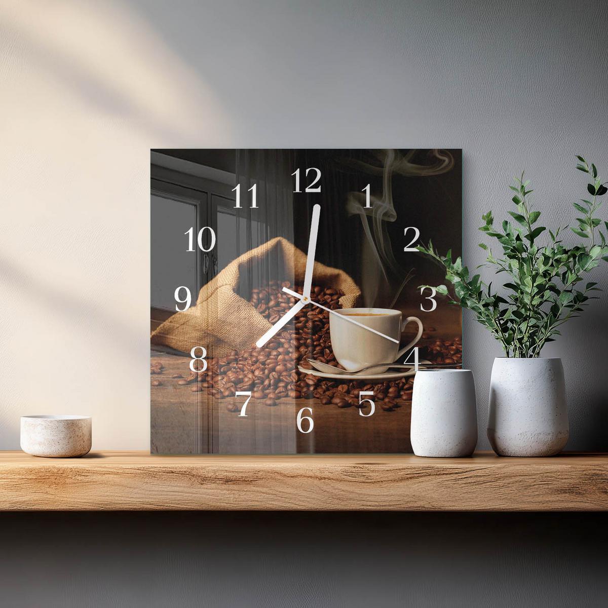 WANDUHR aus Glas 30x30 cm - Kaffeebohnen - Braun, Glas (30/30/0.4cm) - TULUP