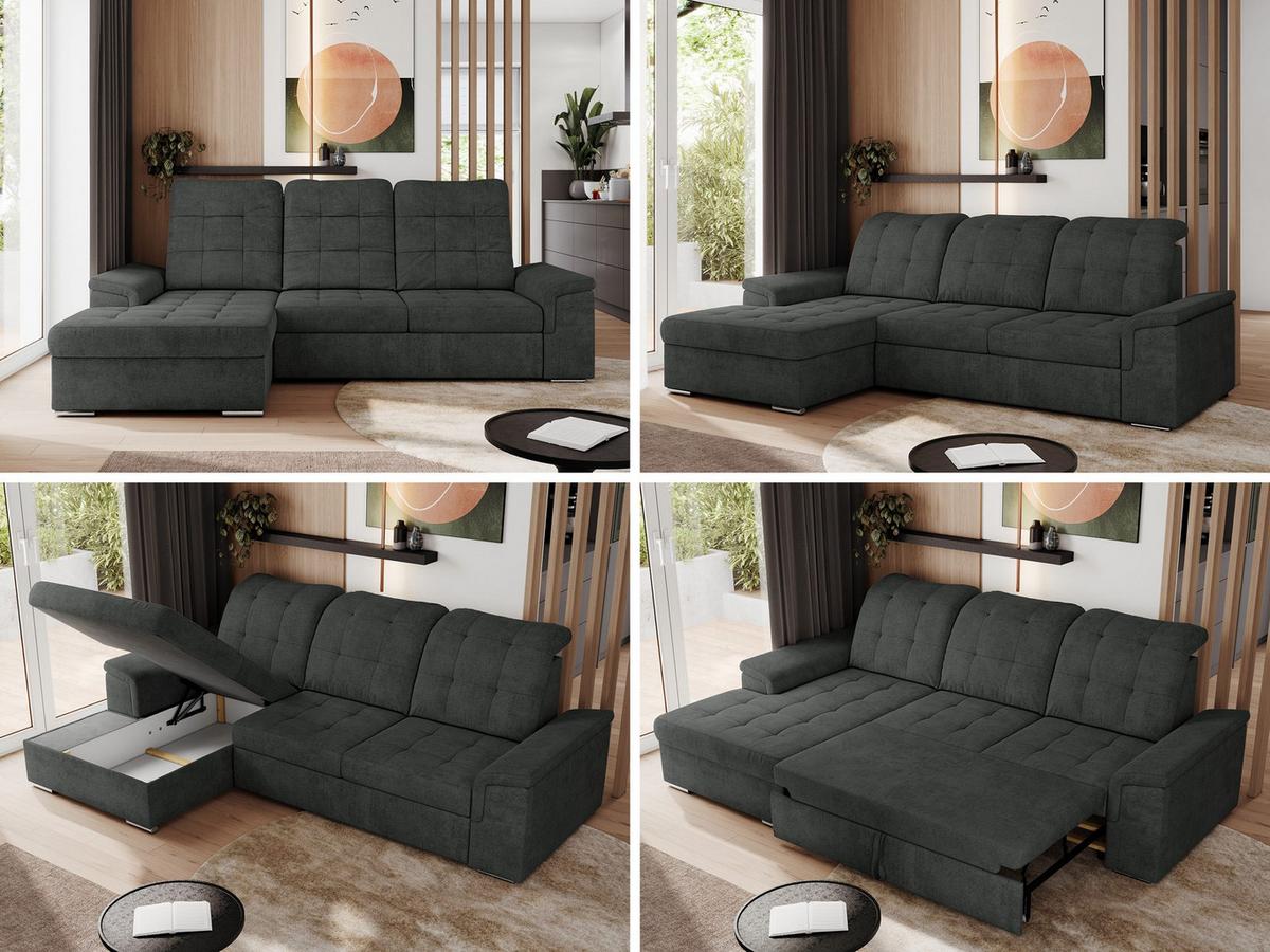 ECKSOFA MADRITO L - Dunkelgrau Struktur - Links - Dunkelgrau/Silberfarben, Textil/Metall (160/256cm)