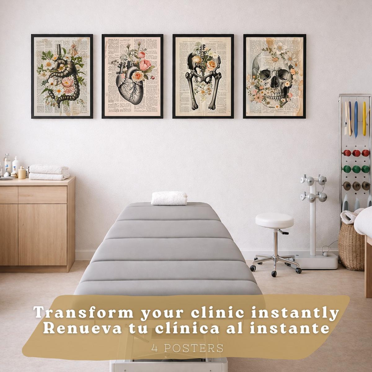POSTER Set aus 4 Anatomie Mensch Botanische Drucke und mit Organen Herz Verdauungssystem Schädel und Becken Heimdekoration Größe Schwarzer Rahmen A4 - Schwarz, Papier (21/29.7/3cm) - Nacnic