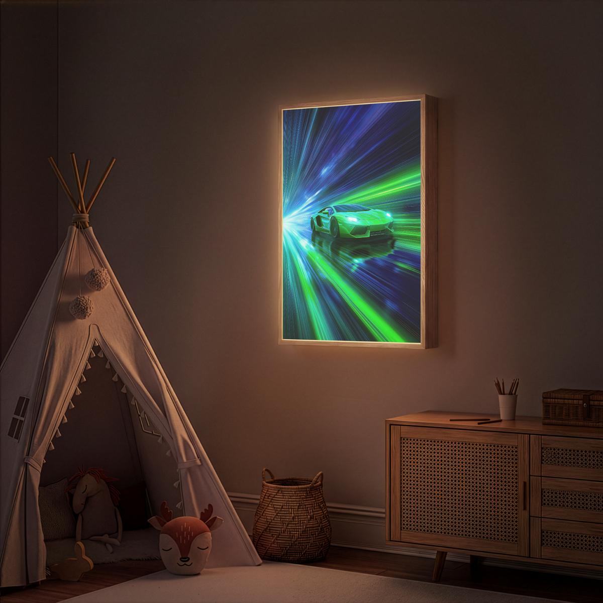 WANDLEUCHTE MIT AKKU Geschwindigkeit - Leicht - Sportwagen - Grün 70x100 cm - Grün, Holzwerkstoff (70/100/8cm) - OnlyWow