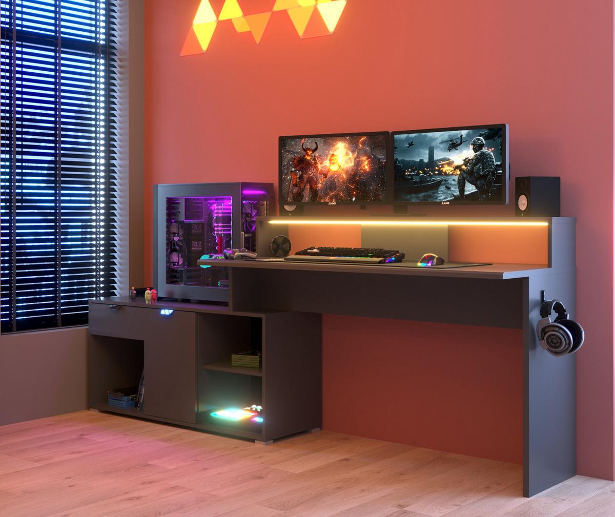 GAMINGTISCH schwarz, grau 229 cm, Gamer Winkelschreibtisch inkl. LED mit Farbwechsel - Schwarz/Grau, Holzwerkstoff/Kunststoff (60/229/95cm) - Parisot Meuble