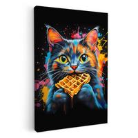 LEINWANDBILD Katze - Graffiti - Bunt - Waffel - Essen Deko XXL 80x120 cm - Türkis, Textil (80/120cm) - MuchoWow