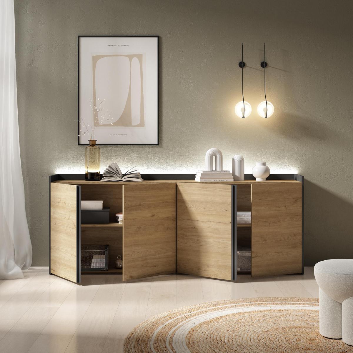 SIDEBOARD, Eiche und Schwarz, 207/35/80cm, mit Led - Eichefarben, Holzwerkstoff (207/80/35cm) - Skraut Home
