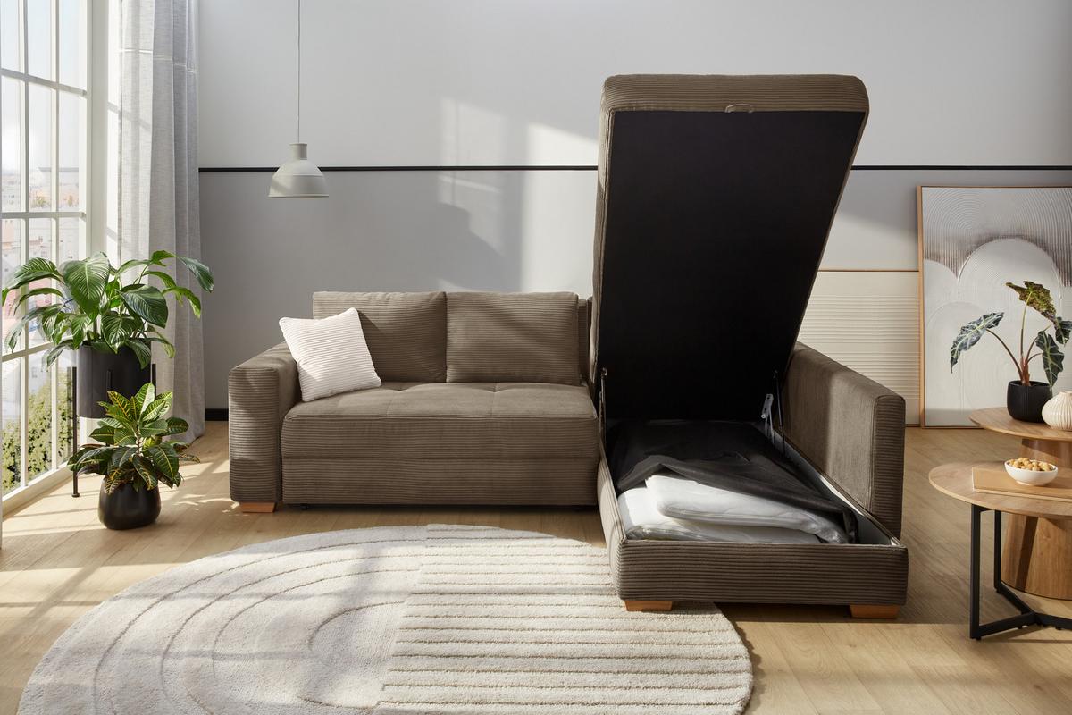 ECKSOFA-DAUERSCHLÄFER Boxspring Federkern Topper Bettkasten, seitenverkehrt montierbar B257/T206/H85 cm, Braun Taupe / 15210 - Braun, Holzwerkstoff (257/206cm) - luma-home
