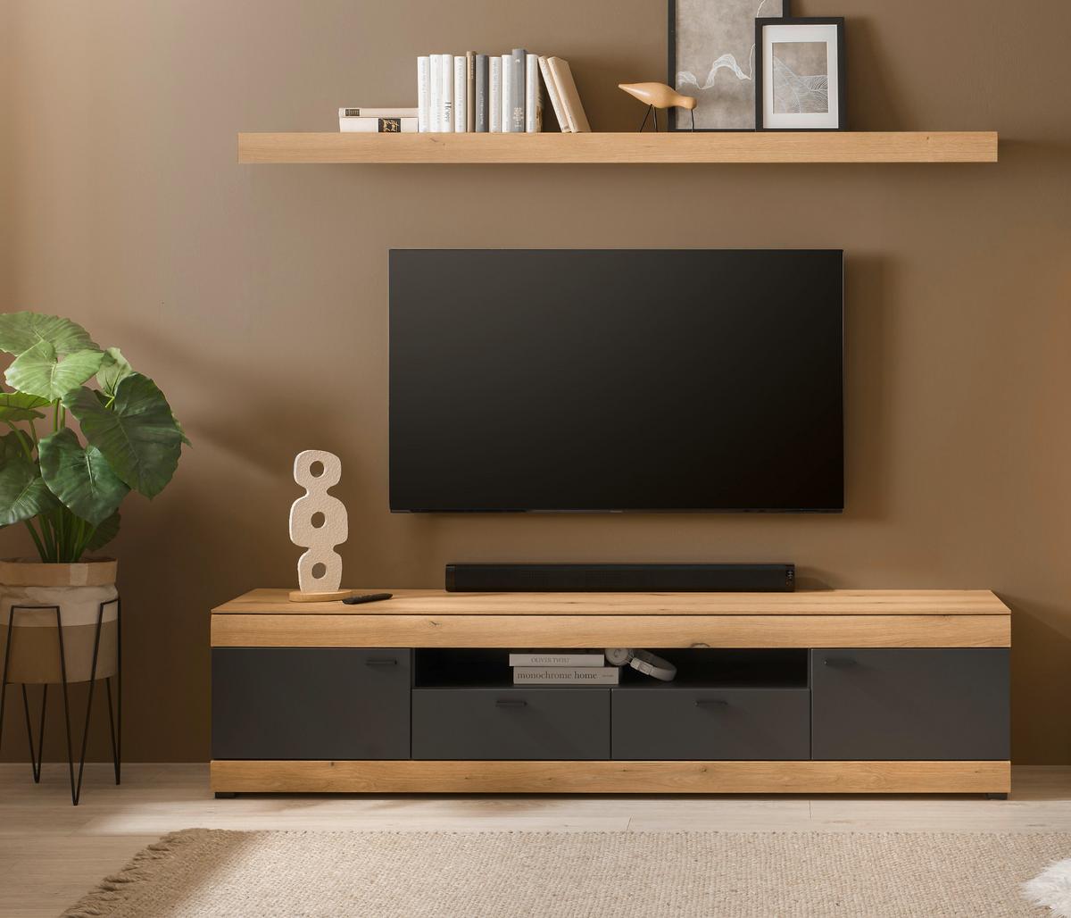 TV-LOWBOARD in Eiche, grau 200 cm, TV Unterschrank XXL mit Soft-Close - Kaschmir/Eichefarben, Holzwerkstoff/Kunststoff (200/48/45cm) - Furn.Design