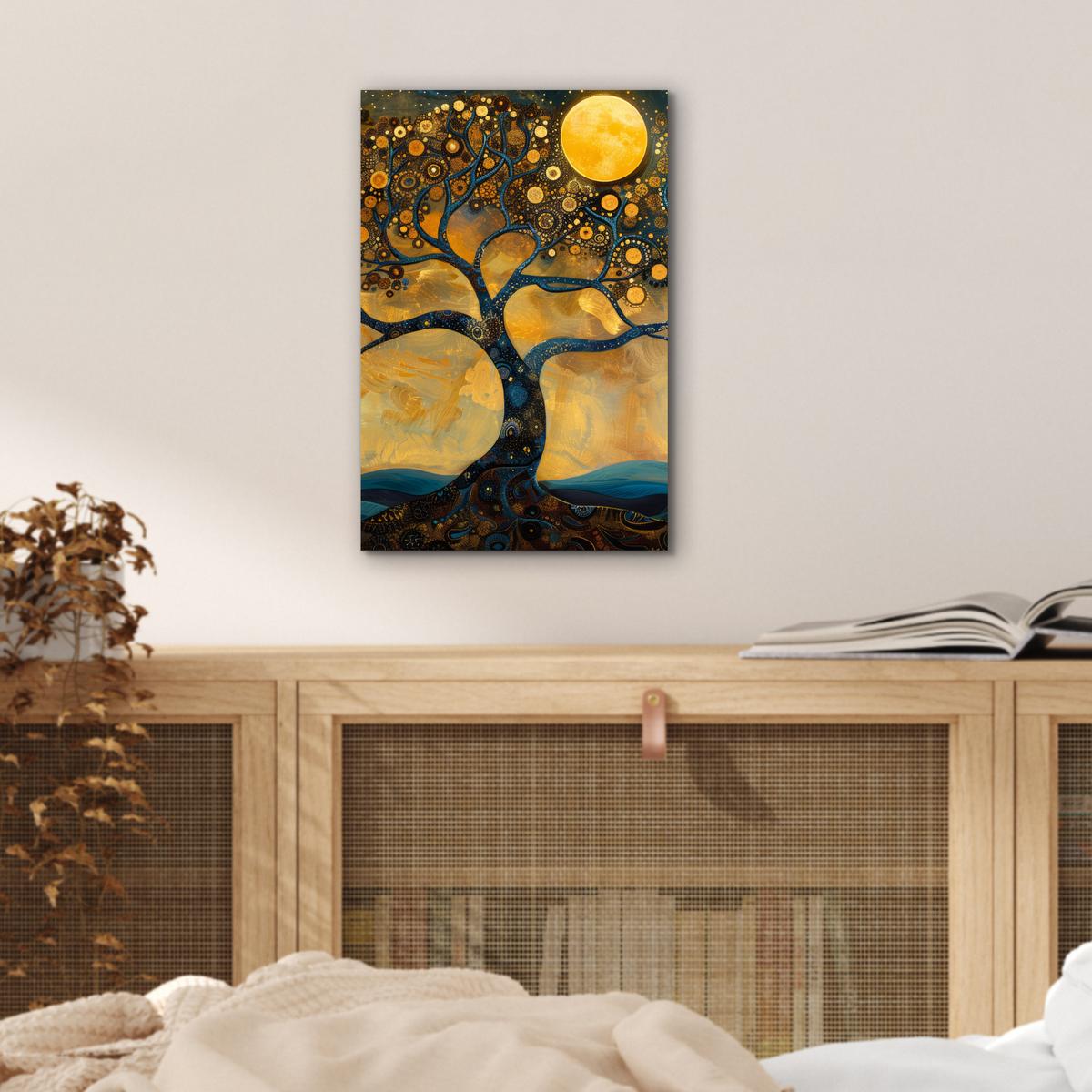 METALLBILD Baum - Mond - Blumen - Gold - Kunst 20x30 cm - Orange, Metall (20/30cm) - MuchoWow