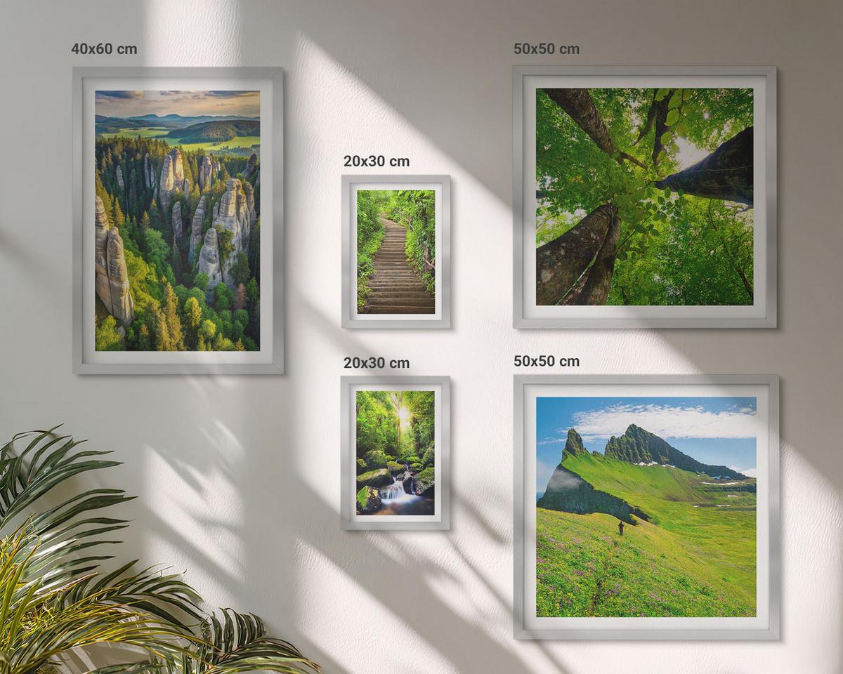 BILDER SET 5er Set - 50x50 cm & 20x30 cm & 40x60 cm Silberner Rahmen - Grüne Berge Wasserfallwald - Silberfarben, Kunststoff (40/60cm) - TULUP