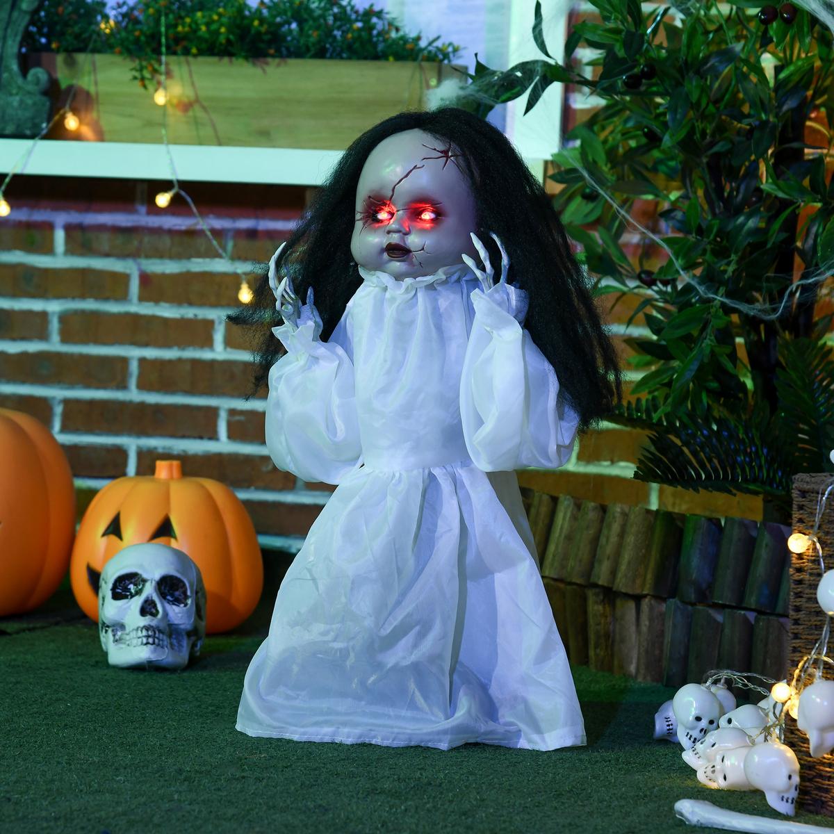 HALLOWEEN Dekoration 60cm Springende Mörderpuppe mit Rote Augen, Soundfunktion - Weiß, Kunststoff (15/60/60cm) - HOMCOM