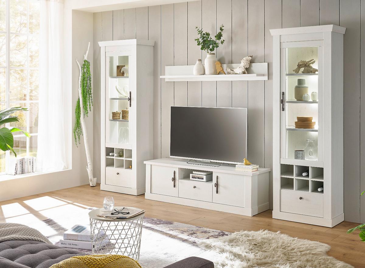 WOHNWAND weiß Pinie Landhaus, Set 4-teilig mit Soft-Close und Beleuchtung - Weiß, Holzwerkstoff/Kunststoff (322/201/45cm) - Furn.Design