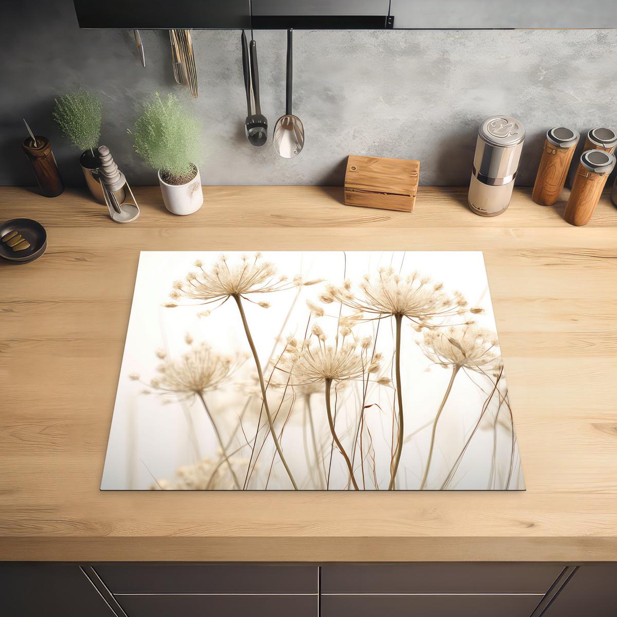 HERDABDECKPLATTE Blumen - Weiß - Sonnenlicht Herdabdeckung Induktionsfeld 65x52 cm - Ecru, Kunststoff (65/52/0.2cm) - MuchoWow
