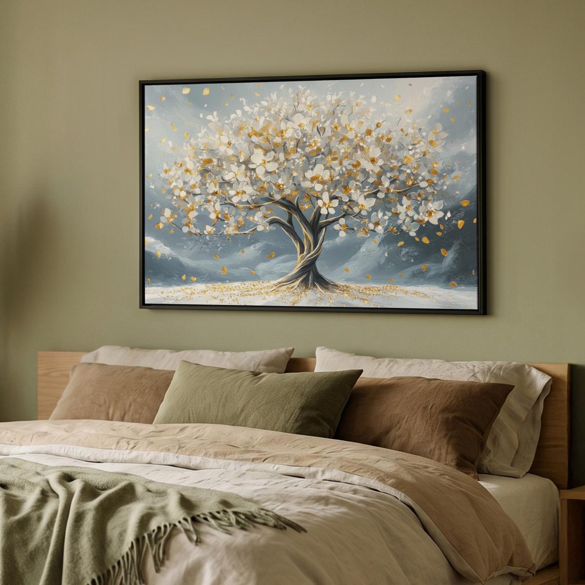 LEINWAND Bilder mit Rahmen - Baum - Winter - Baum des Lebens - Modern - Gold - 90x60 - Goldfarben, Textil (90/60cm) - MuchoWow