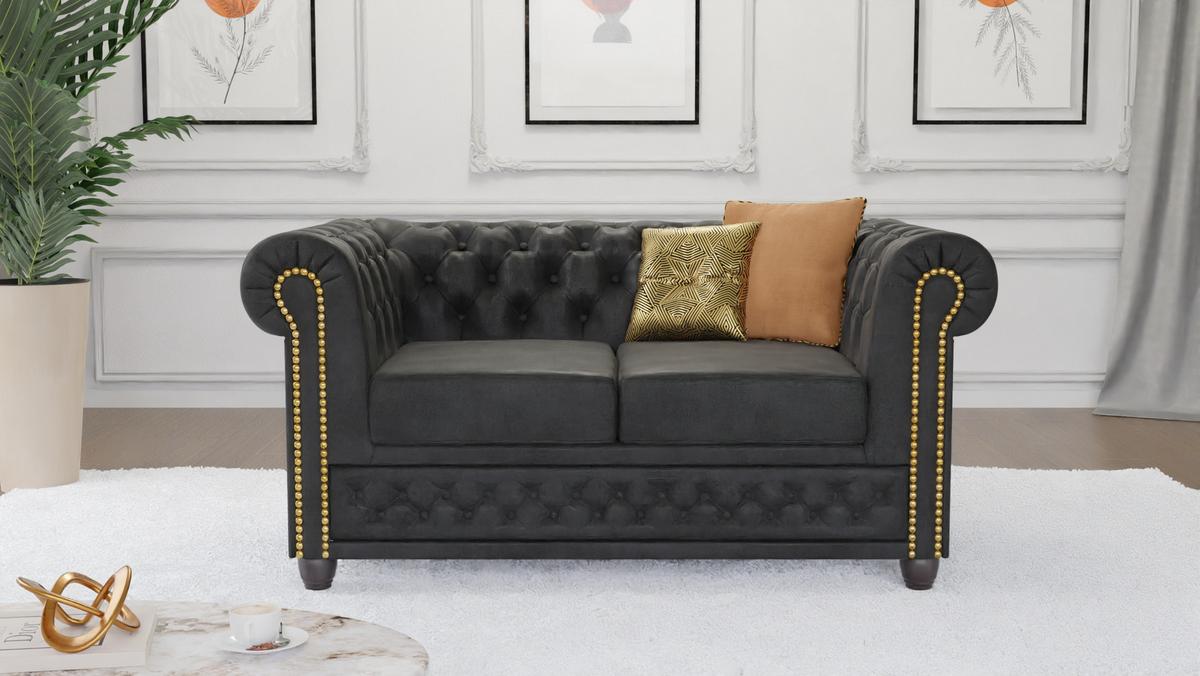 CHESTERFIELD-SOFA 2-sitzer Flux Anthrazit Microfaser Vintageoptik - Anthrazit/Braun, Holz/Textil (148/72/86cm) - S-Style Möbel