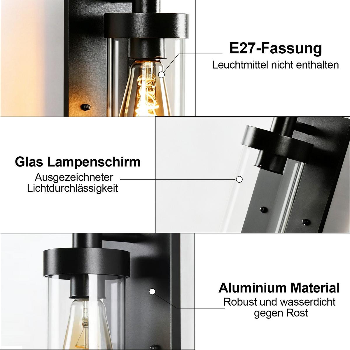 AUSSENWANDLEUCHTE Elenkir 12.7/12.5/34.5 cm - Schwarz, Glas/Metall (12.5/34.5/12.7cm) - ZMH