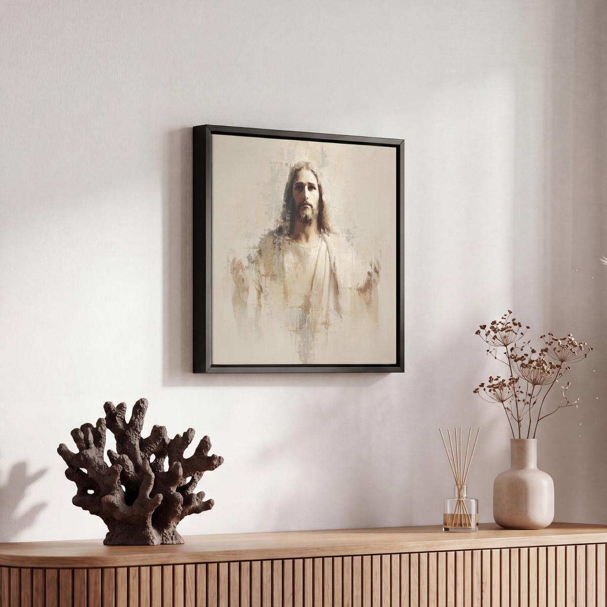 LEINWAND Bilder mit Rahmen - Porträt - Abstrakt - Jesus - Beige - 20x20 - Beige, Textil (20/20cm) - MuchoWow