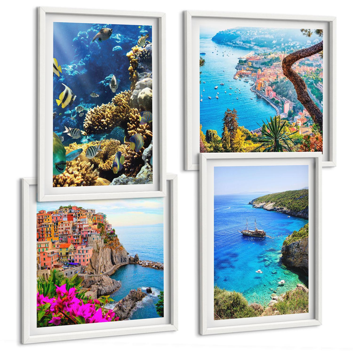 BILDER SET 4er Set - 50x50 cm & 40x60 cm Weißer Rahmen - Meerblick, farbenfrohe Häuser - Weiß, Kunststoff (50/50cm) - TULUP