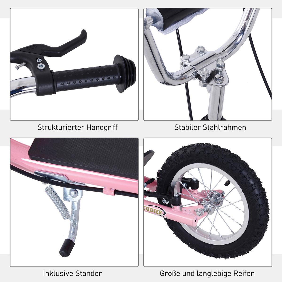 KINDER Tretroller mit Bremsen Scooter 16/12 Zoll Cityroller verstellbar Rosa - Rosa, Metall (135/58/100cm) - HOMCOM