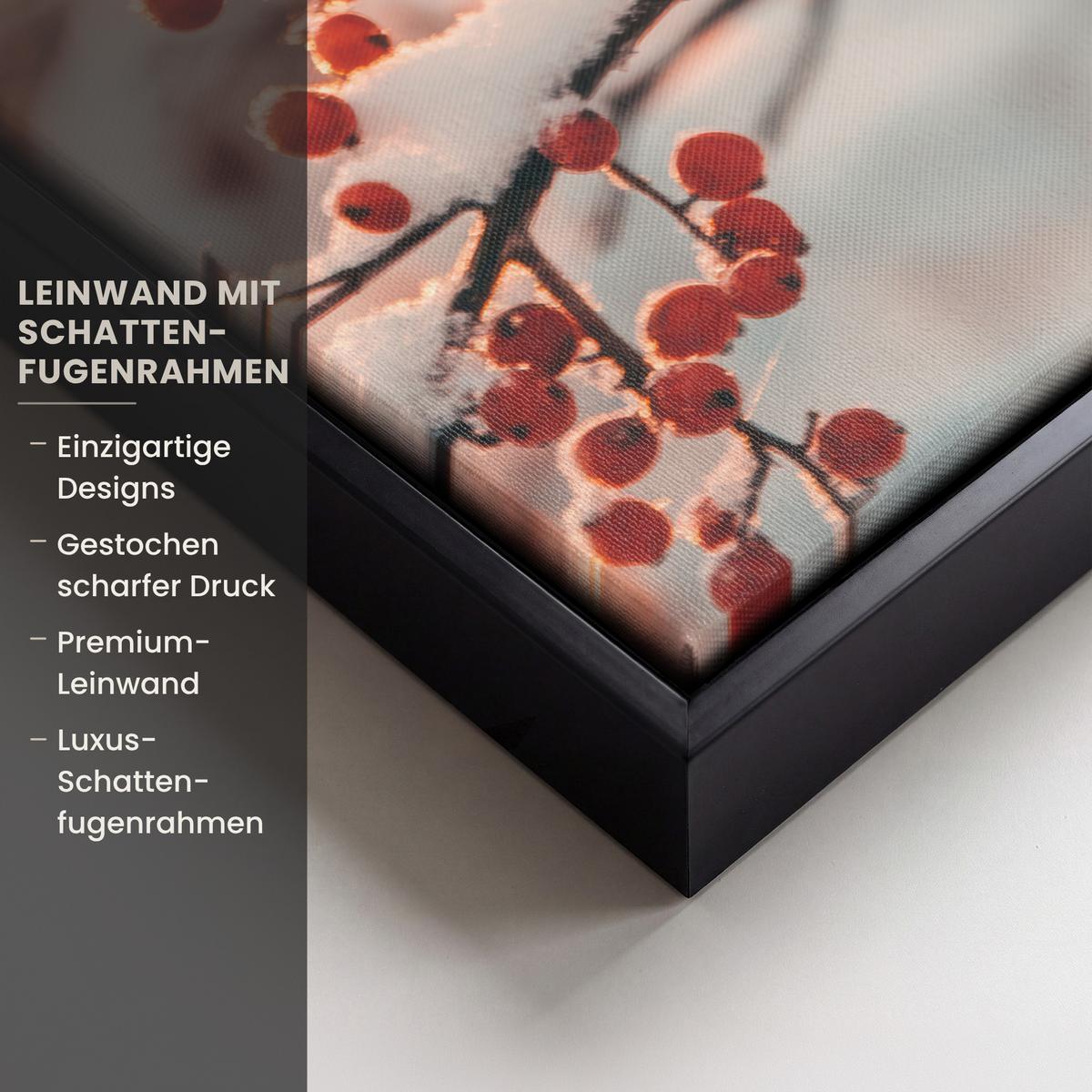 LEINWAND Bilder mit Rahmen - Vogel - Zweig - Winter - Tiere - Schnee - 30x40 - Bernsteinfarben, Textil (30/40cm) - MuchoWow