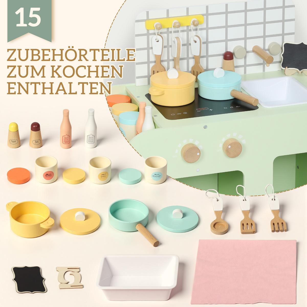 KINDER-SPIELKÜCHE mit Mikrowelle Spüle und Zubehör Grün - Grün, Holzwerkstoff (60/31.6/58cm) - AIYAPLAY
