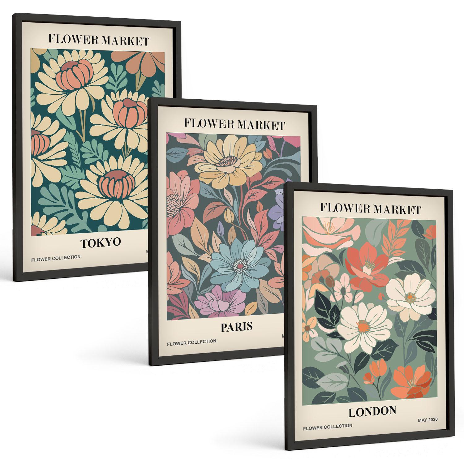 BILDER SET 3er Set - 40x60 cm Schwarzer Rahmen - Blumenposter Tokio Paris London - Schwarz, Kunststoff (40/60cm) - TULUP