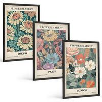 BILDER SET 3er Set - 40x60 cm Schwarzer Rahmen - Blumenposter Tokio Paris London - Schwarz, Kunststoff (40/60cm) - TULUP
