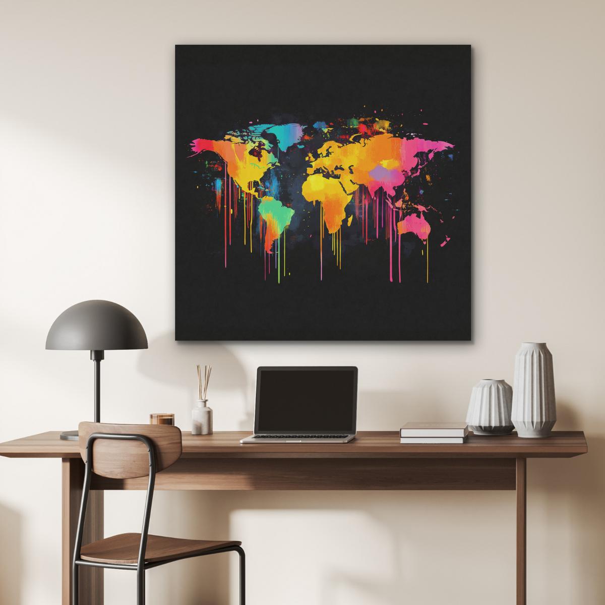 AKUSTIKBILD Weltkarte - Farbe - Bunt - Graffiti - Welt Akustikpaneele 90x90 cm - Multicolor, Textil (90/90/0.9cm) - MuchoWow
