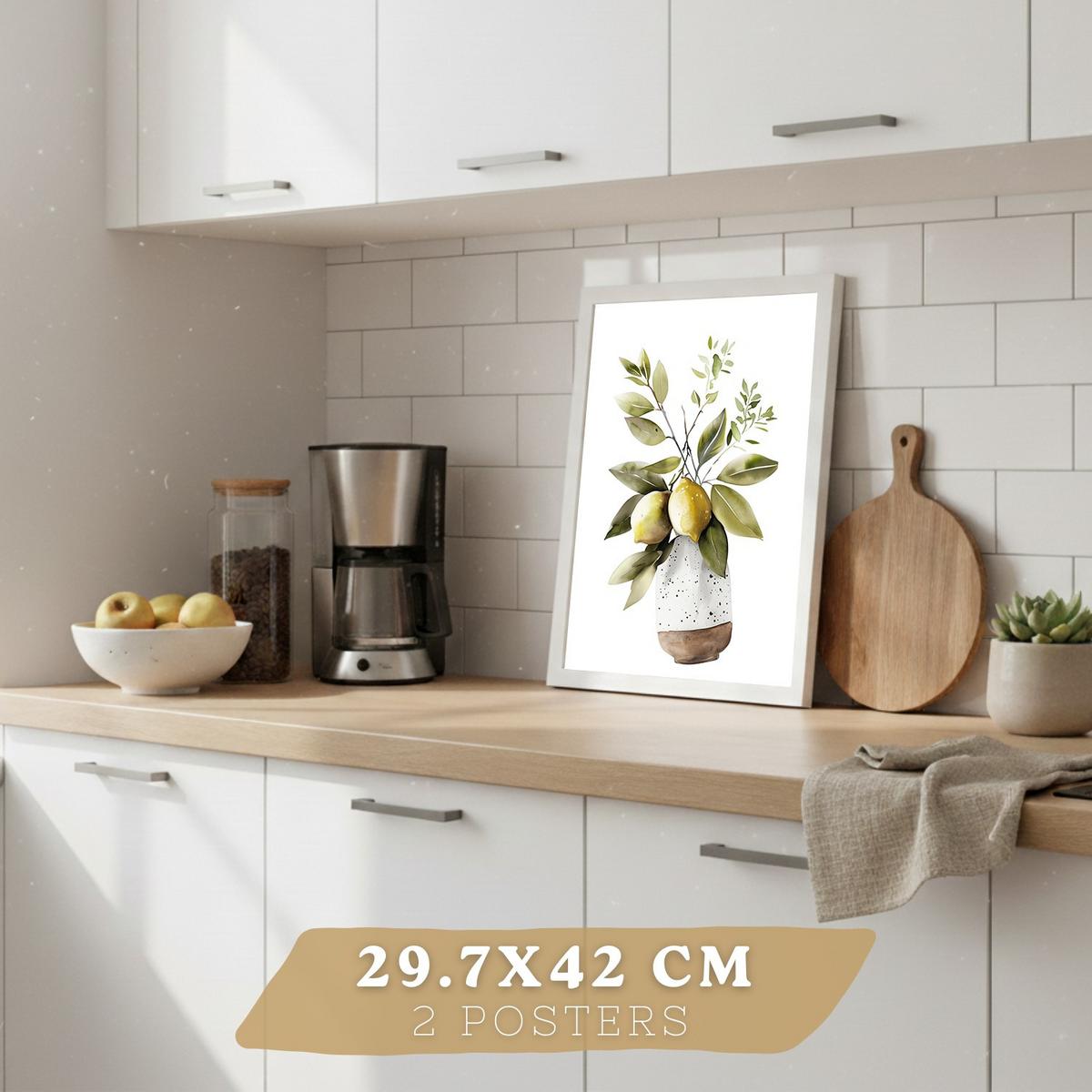 POSTER 4er Set Mediterrane Küchen-Wandbilder Zitronen Knoblauch Oliven Kräuter Aquarell Esszimmer Deko Weißer Rahmen A3 - Weiß, Papier (29.7/1/42cm) - Nacnic