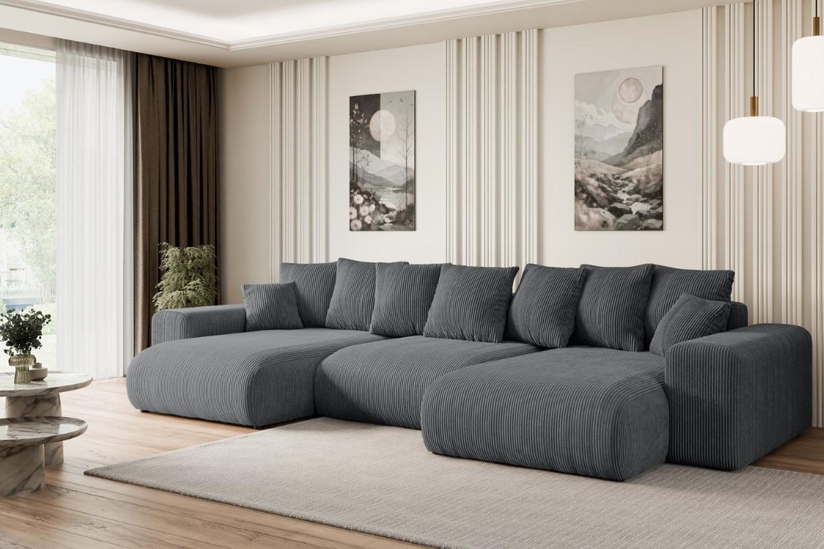 WOHNLANDSCHAFT mit Schlaffunktion ESKAR-U -364x176x72cm Grau Cord - Dunkelgrau/Schwarz, Holzwerkstoff/Kunststoff (364/72/176cm) - ALTDECOR