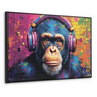 LEINWAND Bilder mit Rahmen - Graffiti - Schimpanse - Straßenkunst - Kopfhörer - Affe - 90x60 - Blau, Textil (90/60cm) - MuchoWow