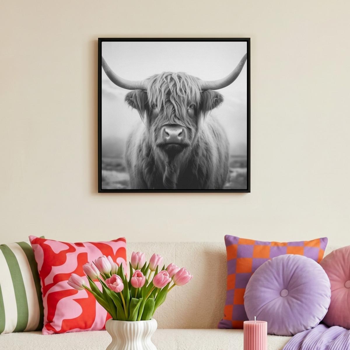 LEINWAND Bilder mit Rahmen - Schottischer Highlander - Nebel - Schwarz - Weiß - 50x50 - Grau, Textil (50/50cm) - MuchoWow