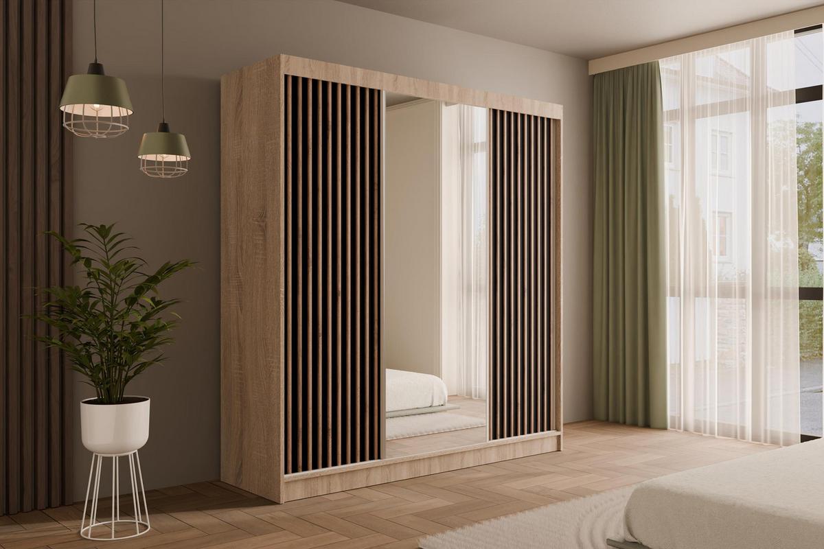 KLEIDERSCHRANK mit Spiegel V2-ZENTI 215x200 cm Sonoma Eiche|Schwarz - Schwarz/Sonoma Eiche, Holzwerkstoff (200/215/61cm) - ALTDECOR
