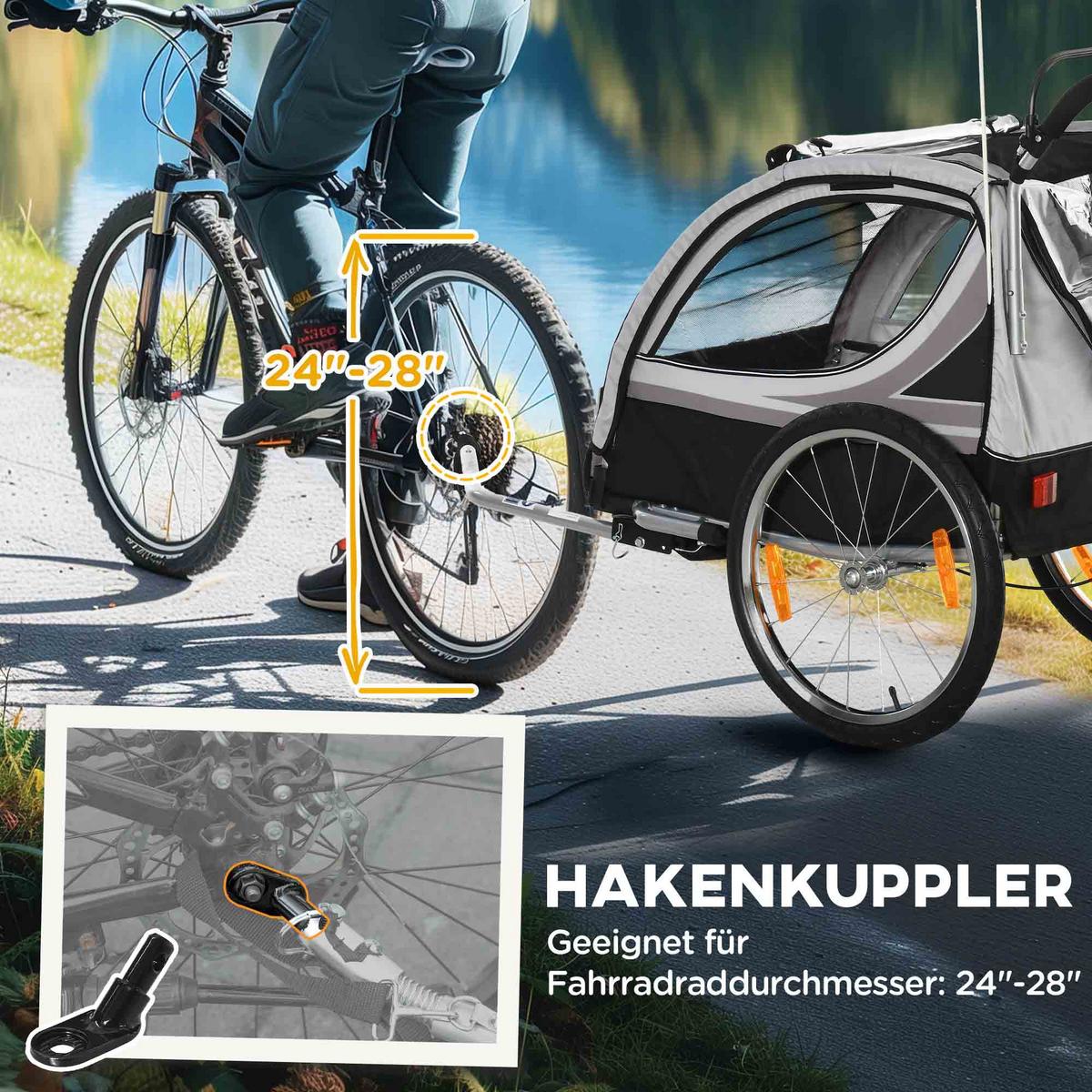 KINDERFAHRRADANHÄNGER, Stahl, Polyester, Grau+Schwarz - Grau, Kunststoff (75/101/142cm) - HOMCOM