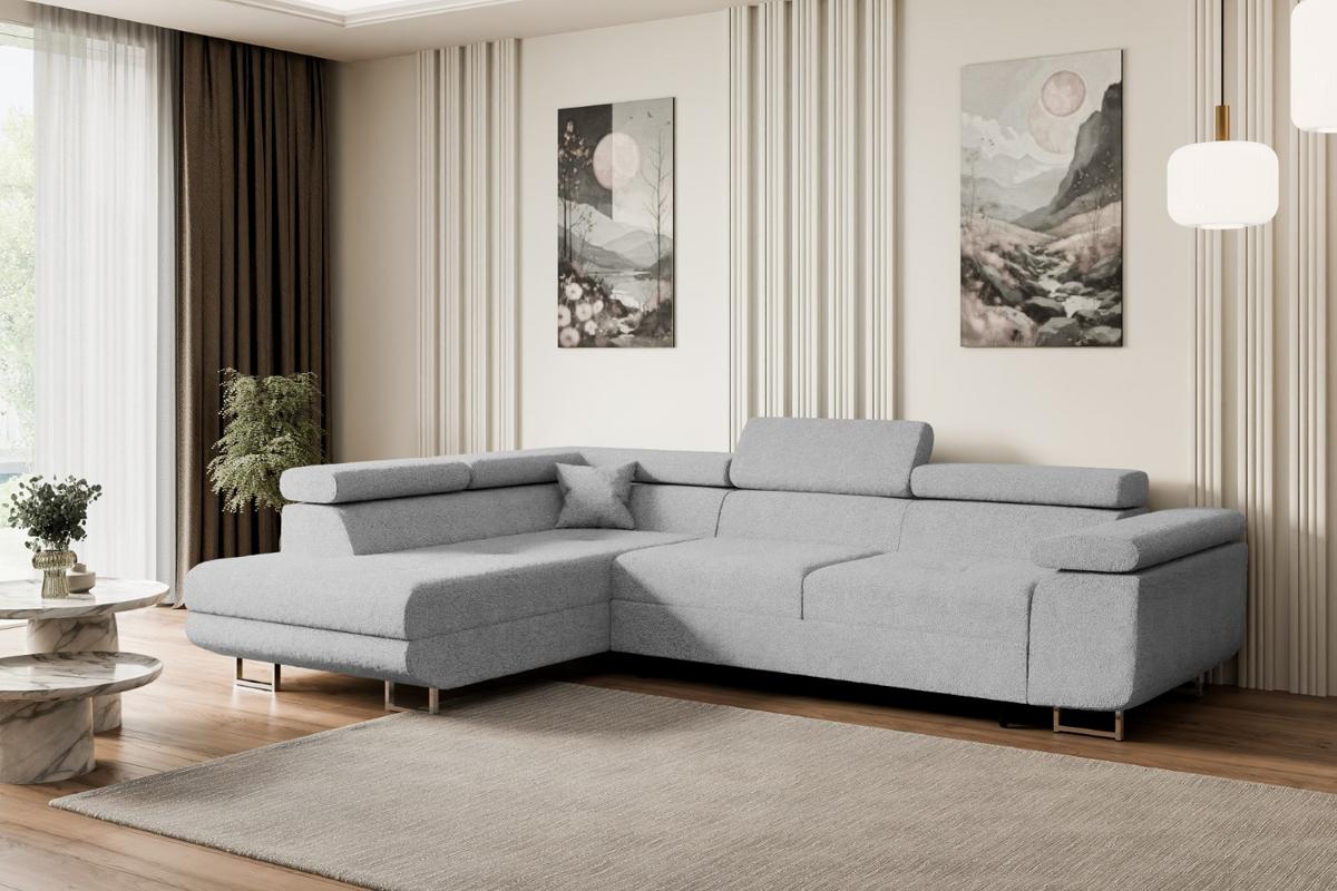 ECKSOFA mit Schlaffunktion und Bettkasten GUSA-L 272x202x107 cm Grau Bouclé - Silberfarben/Hellgrau, Holzwerkstoff/Textil (202/272cm) - ALTDECOR