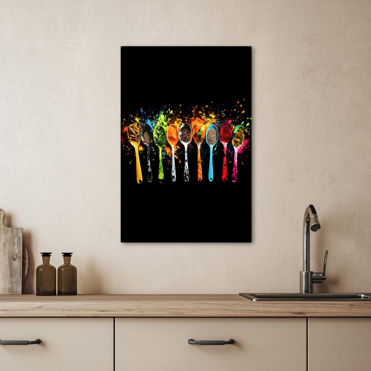 LEINWANDBILD Löffel - Gewürze - Modern - Graffiti - Farbe - Farbenfroh Wanddeko 40x60 cm - Multicolor, Textil (40/60cm) - MuchoWow