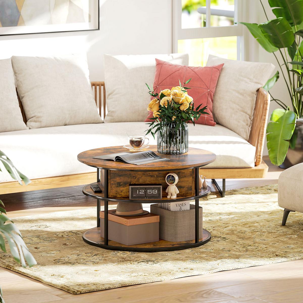 COUCHTISCH höhenverstellbar Wohnzimmertisch mit Ablagefläche, Braun - Braun, Metall (80/80/61.5cm) - HOMCOM