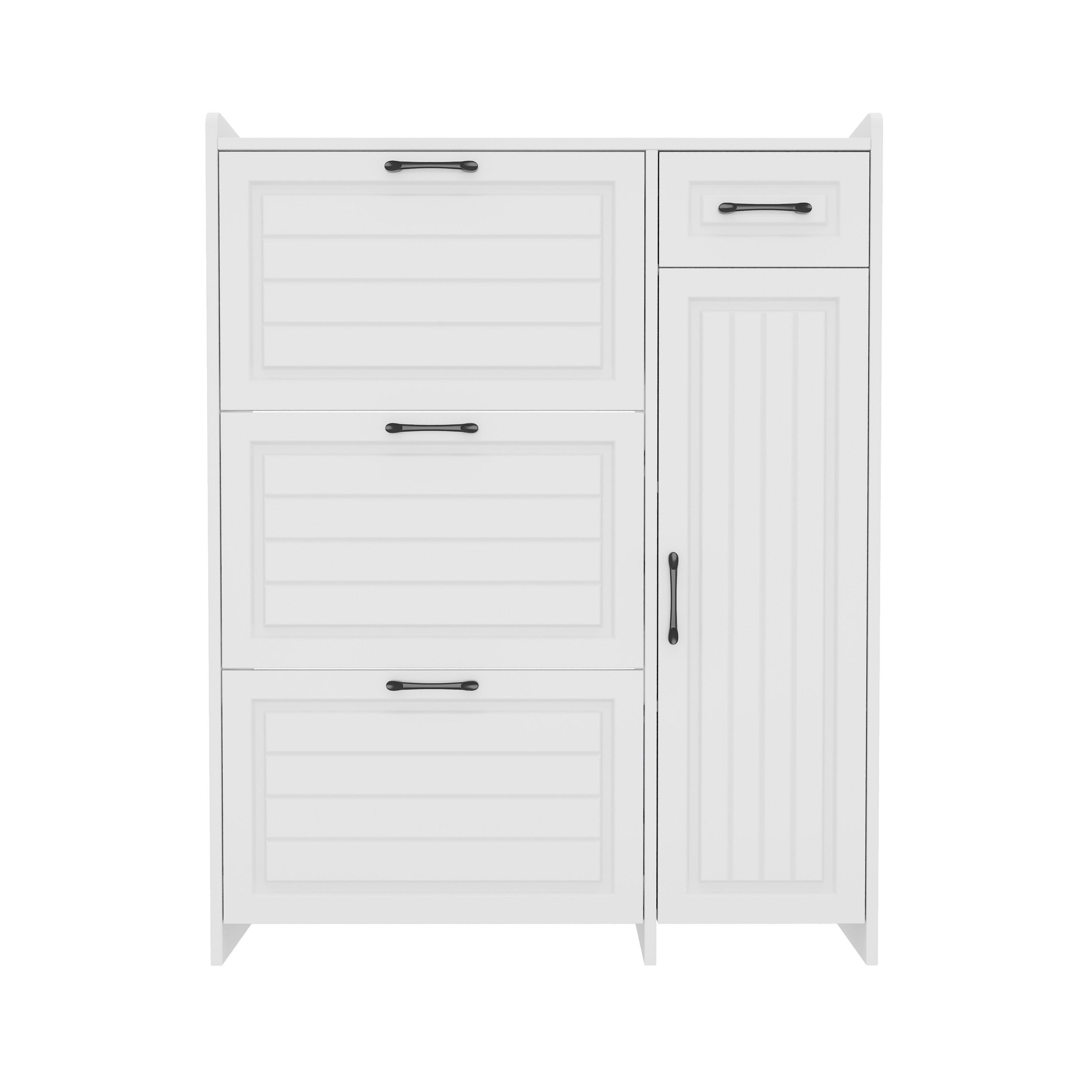 SCHUHSCHRANK Modern 3 Klappfächer 1 Tür Schublade Höhenverstellbar - Weiß, Holzwerkstoff (92/121/24cm) - Urban Meuble
