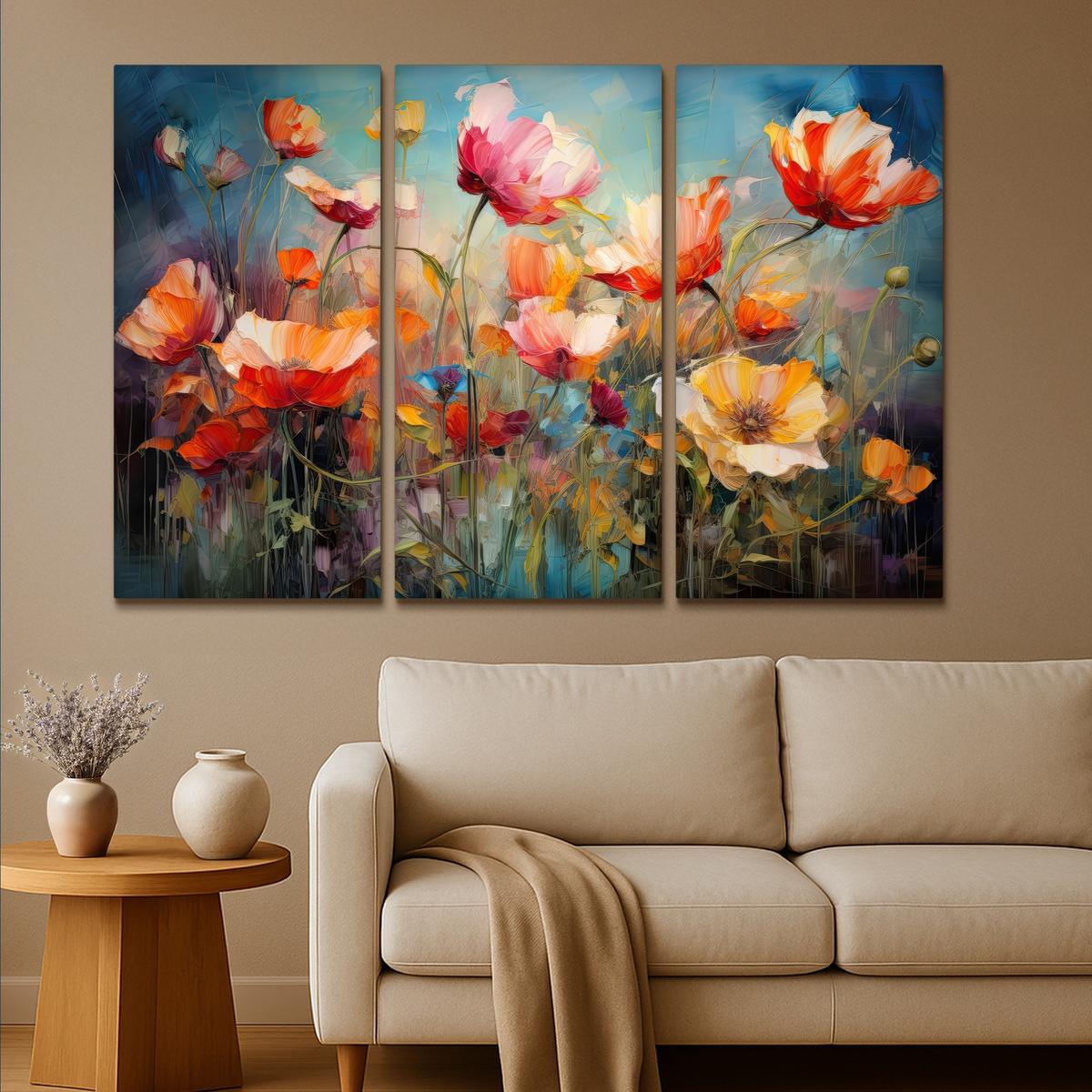 LEINWANDBILD 3er Set Blumen - Bunt - Abstrakt 180x120 cm - Blaugrau, Textil (180/120cm) - MuchoWow