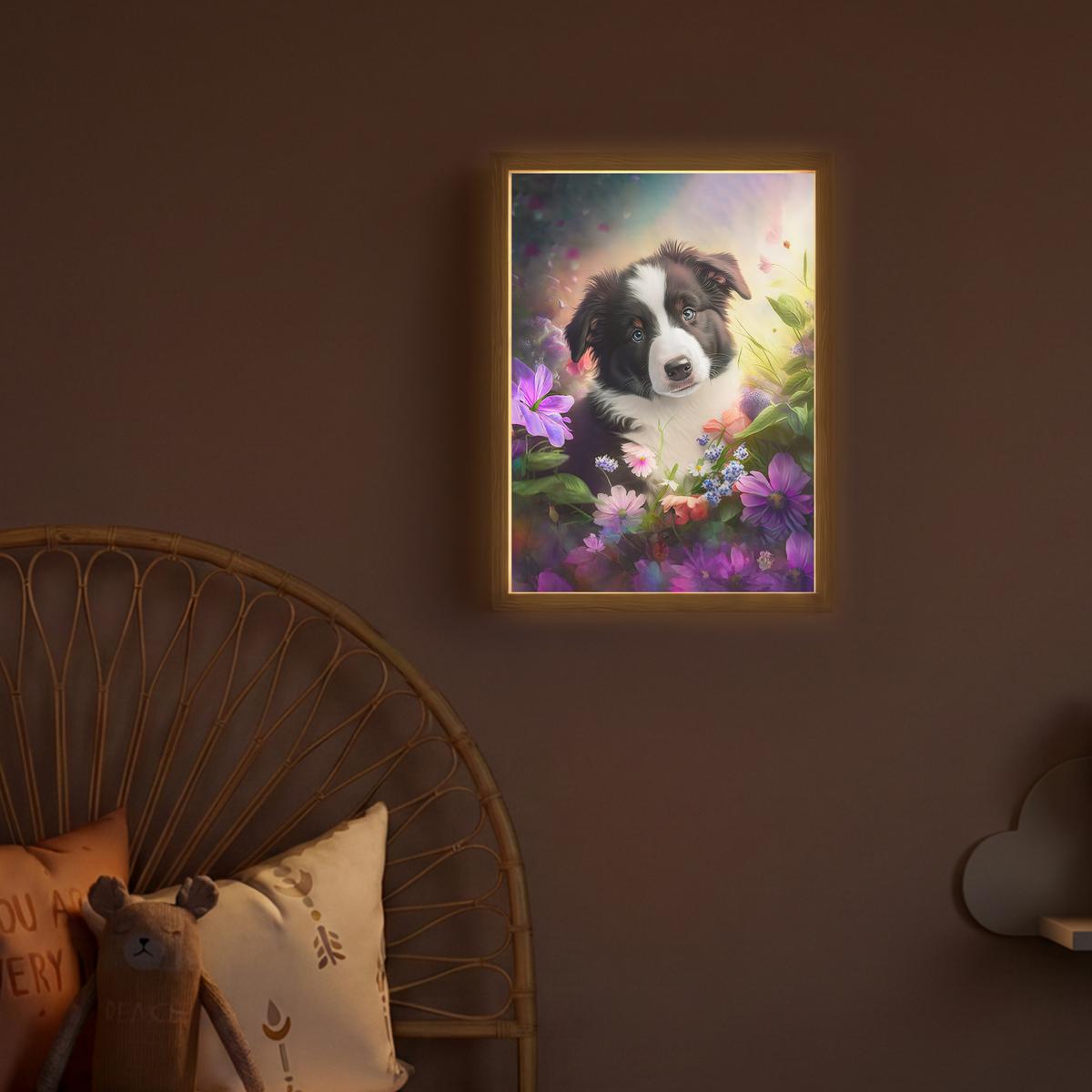 WANDLEUCHTE MIT AKKU Welpe - Sonne - Blumen - Natur - Border Collie - Hund 30x40 cm - Violett, Holzwerkstoff (30/40/8cm) - OnlyWow